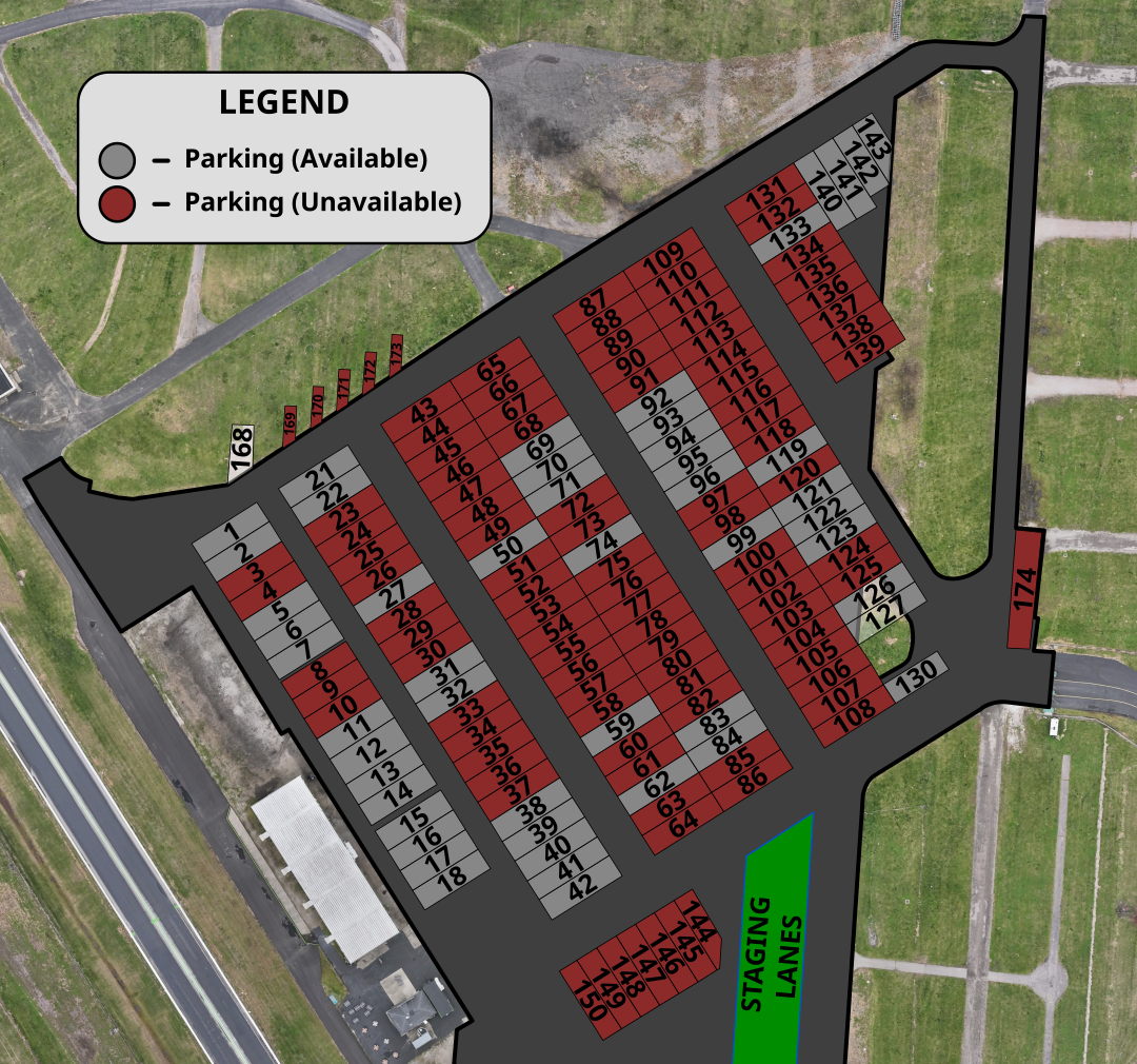 Aerial map of pits with parking spaces numbered from 1 to 174