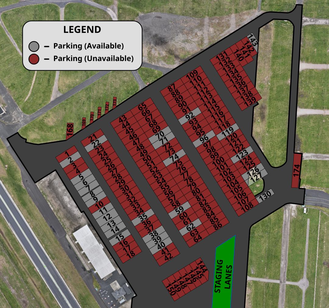 Aerial map of pits with parking spaces numbered from 1 to 174